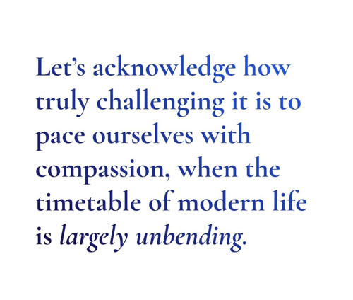 Suzy Reading Quote. Text reads Let’s acknowledge how truly challenging it is to pace ourselves with compassion, when the timetable of modern life is largely unbending